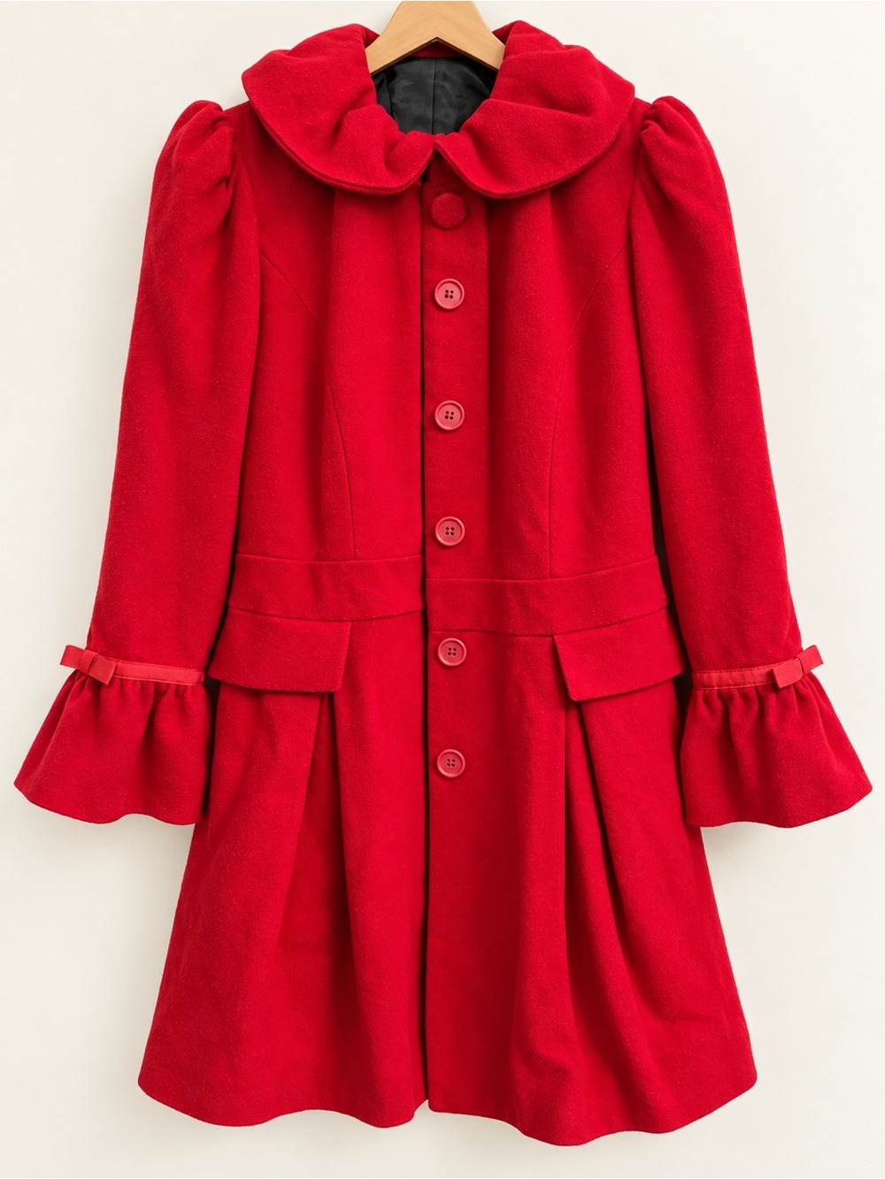 NAF NAF Red Peter Pan Collar Coat Bow Cuffs Pleated FR 38 US 6